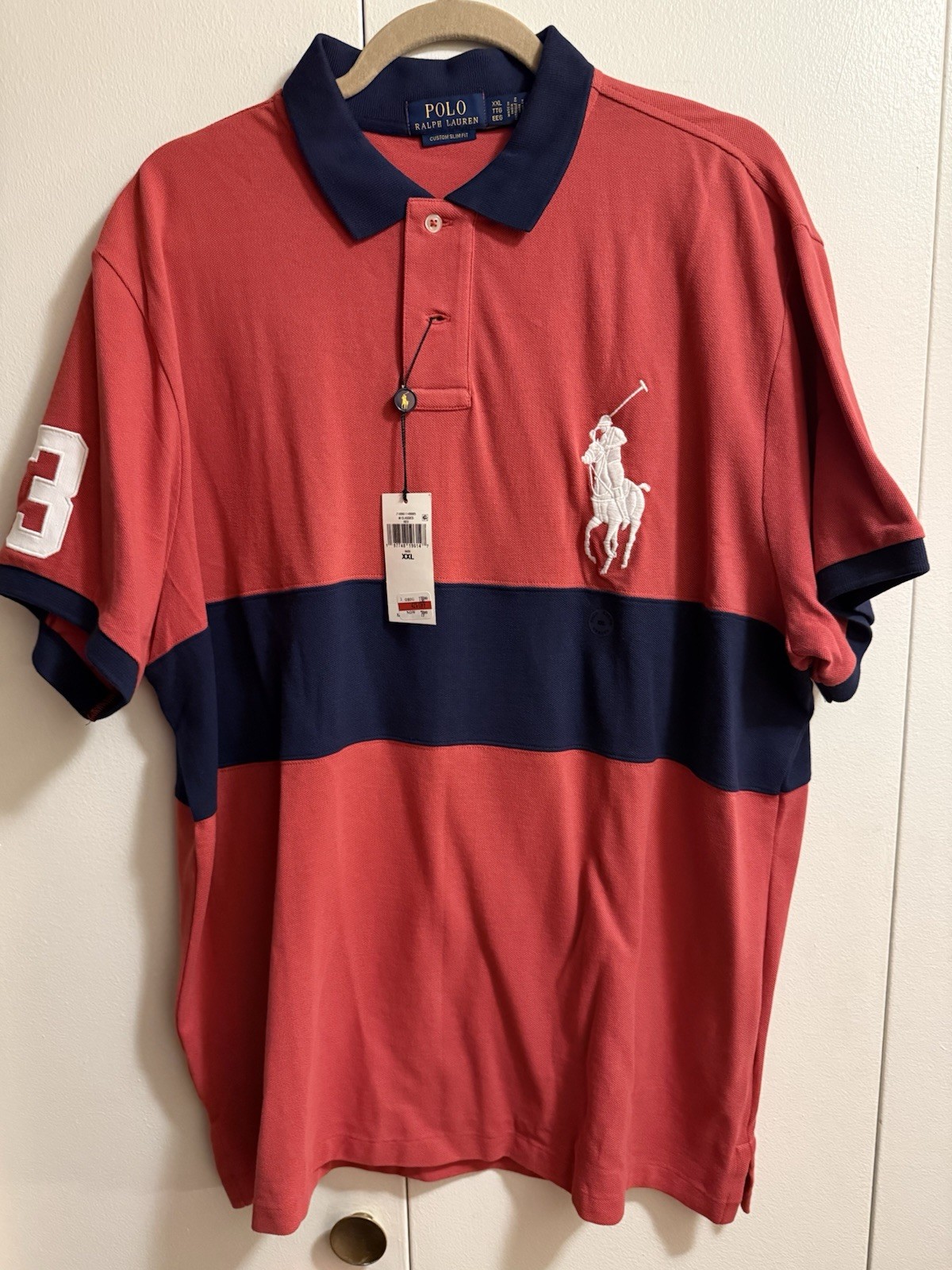 NWT Polo Ralph Lauren Big Pony Banner Striped Mesh Polo Shirt Red Navy Sz 2XL