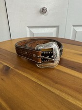 Nocona Calf Hair Studded Rhinestone Floral Buckle Leather Belt Women  s Size 22