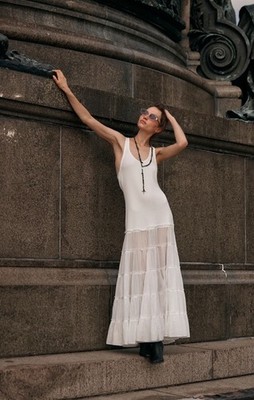 Free People Noteworthy Sheer Tiered Skirt Ribbed Tee Tank Maxi Slip Dress S