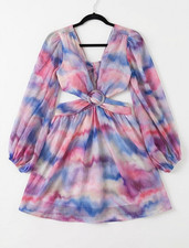 Step N Women’s Tie Dye Chiffon Mini Dress V-Neck Puff Long Sleeve Ring L