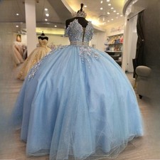 Pink Flowers Sky Blue Quinceanera Dresses Ball Gown Off Shoulder Corset Sweet 16