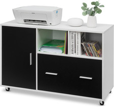 Image of Filing Cabinet Mobile Lockable Drawer Door Office Storage Unit Black Wood Metal