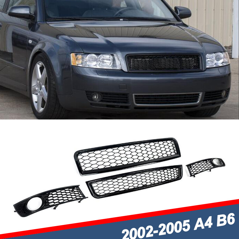 For Audi A4 B6 2002-2005 Black RS Style Front Upper Lower Grill+