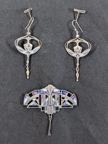 Vintage Art Deco Jewelry Enameled Sterling Silver Earrings and Brooch Set FPC925