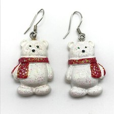 Polar Bear Sparkly Winter Holiday Christmas Themed Ladies Pierced Drop Earrings