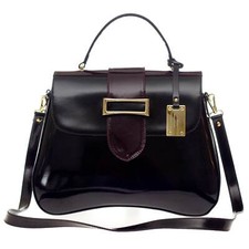 Aura Italian Made Genuine Black & Brown Patent Leather Purse Handbag With Buckle