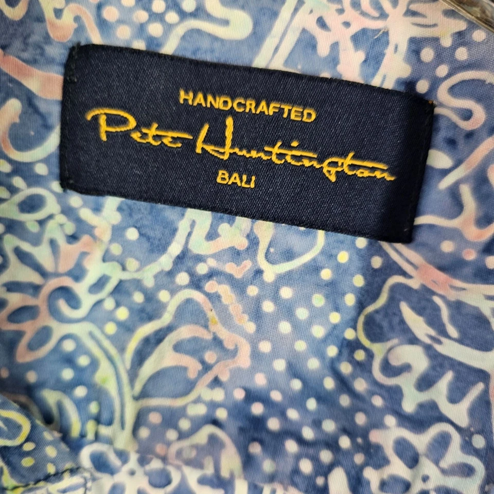 Pete Huntington Bali Handmade Hawaiian Shirt Mens Sz L Blue White Floral Vintage - Image 3 of 4