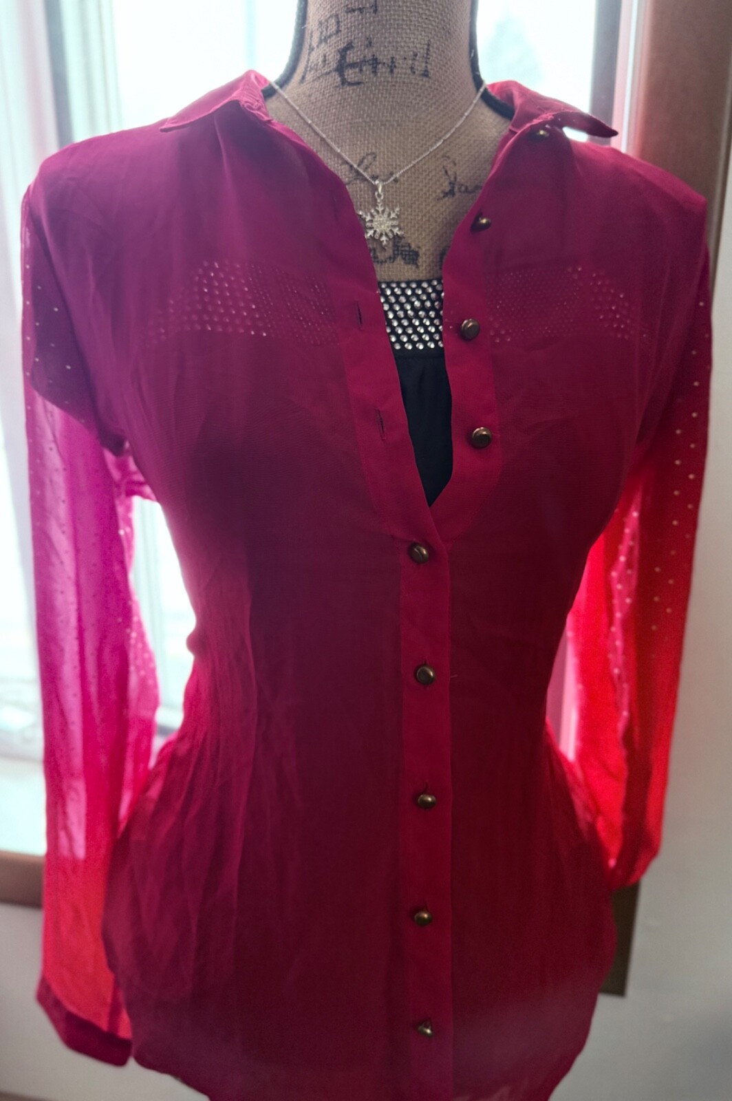 Notations Sheer, Red Studded Button-Up Blouse,  S… - image 19