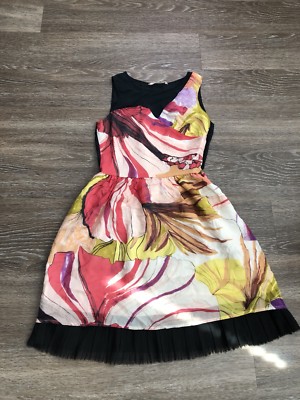 Hype Womens Silk Flowery And Black Sheer Dress. Size 0. Black Pleated Ruffle 