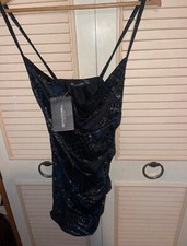 Pretty Little Thing Navy Velvet Cowl Glitter Bodycon Dress