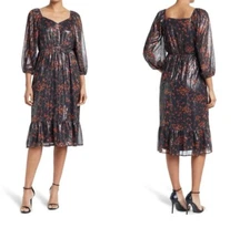 COLLECTIVE CONCEPTS Black & Brown Metallic Ruffle Hem Dress Sz L