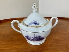 KPM Germany Rubens PURPLE Florals Sugar Bowl with Lid~ Gold Trim ~