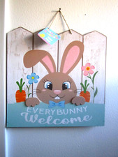 Happy Easter Decor"Every Bunny Welcome"Glittery Ears Nose 12"x12" Sign Wood New