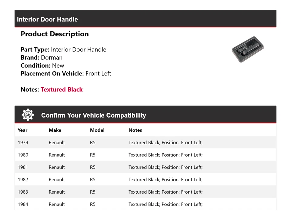 Manija de puerta interior delantera izquierda renault r5 dorman 1979-1984 1980 1981 1982 Foto 2 de 4