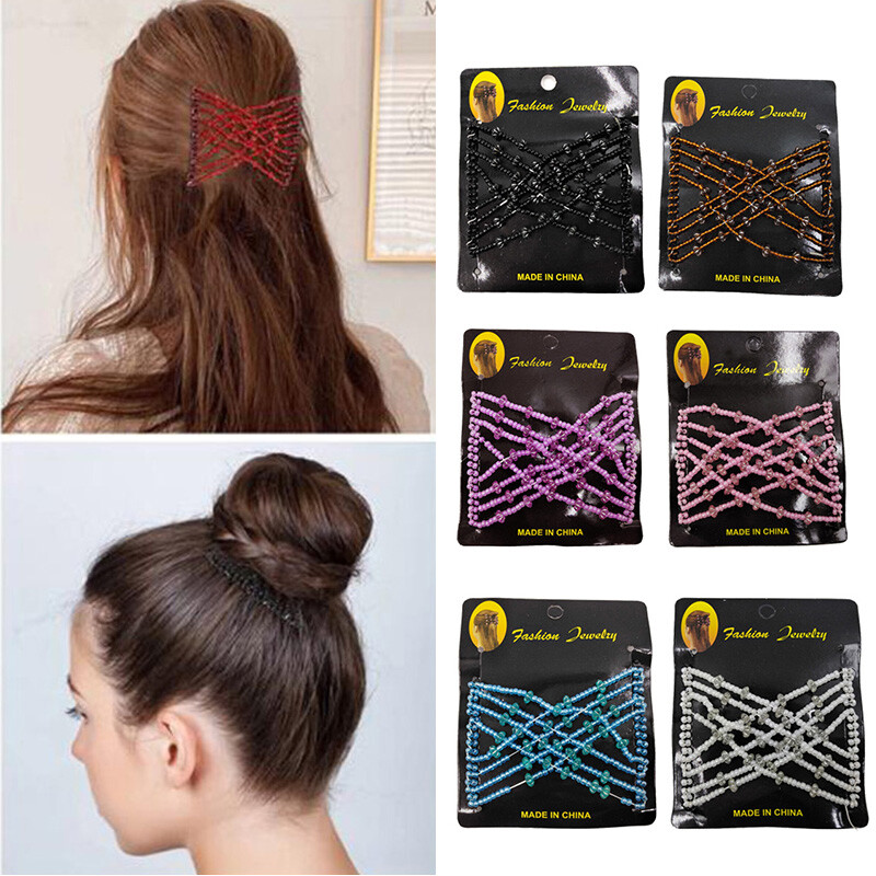 Women’s Double Slide Wood Bead Elastic Hairpin Comb for Stylish Hair Decoration