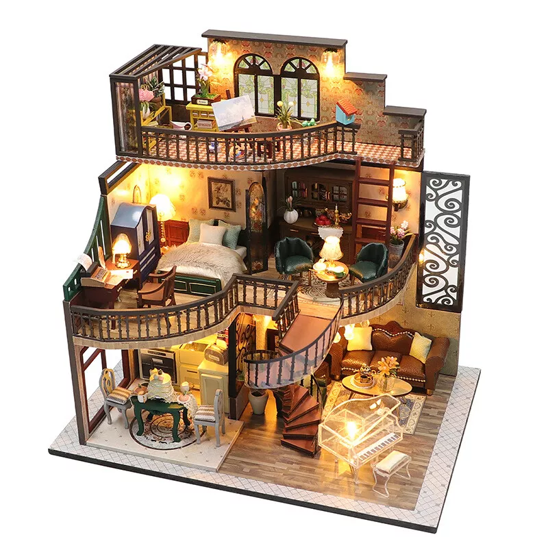 Wooden Doll House with Toys and Furniture Accessories with LED Light for  Ages 3 plus