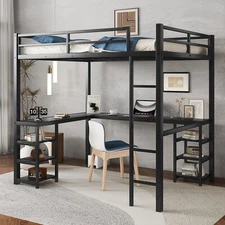 Full Metal Loft Bed with Desk and Shelves, Loft Bed with Ladder and Guardrails