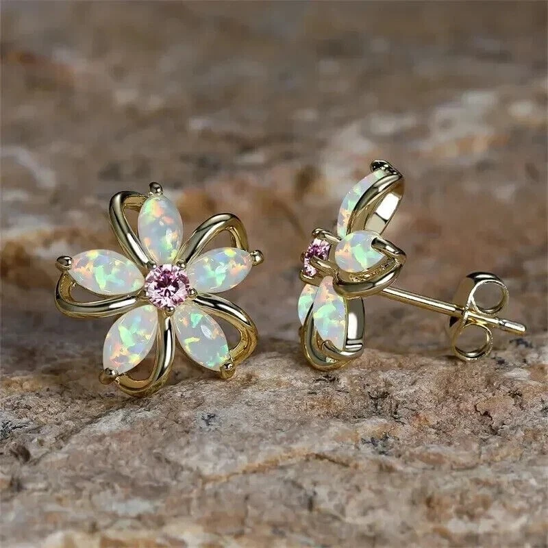 Marquise Cut Simulated Fire Opal Flower Stud Earrings In 14k Yellow Gold Plated - Image 2 of 4