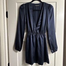 Reformation NEW XS 100% silk mini dress deep V neck long sleeve navy blue