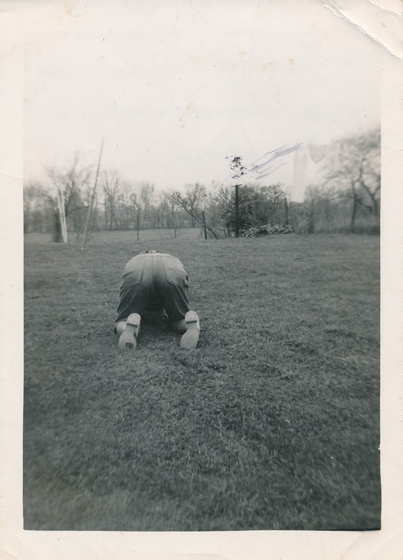 vintage snapshot photo: Back Rear View of Jenny Bent Over in Backyard Unusual