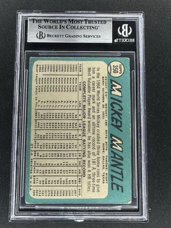 1965 topps mickey mantle#350 Beckett Graded Collectors Item! Rare Beckett Grade - Image 4 of 4