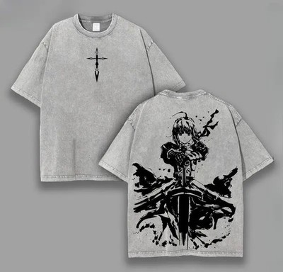 Saber Fate Anime Anime Double Printed Graphic Tee, Cotton Streetwear T-Shirt