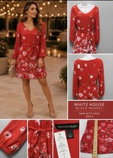 White House Black Market NWT Red Floral Dress 4 V-Neck Long Sleeve Belted A-Line