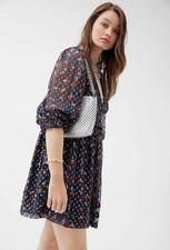 Urban Outfitters Omaha 3/4 Sleeve All Over Print Blue Chiffon Dress Metallic M