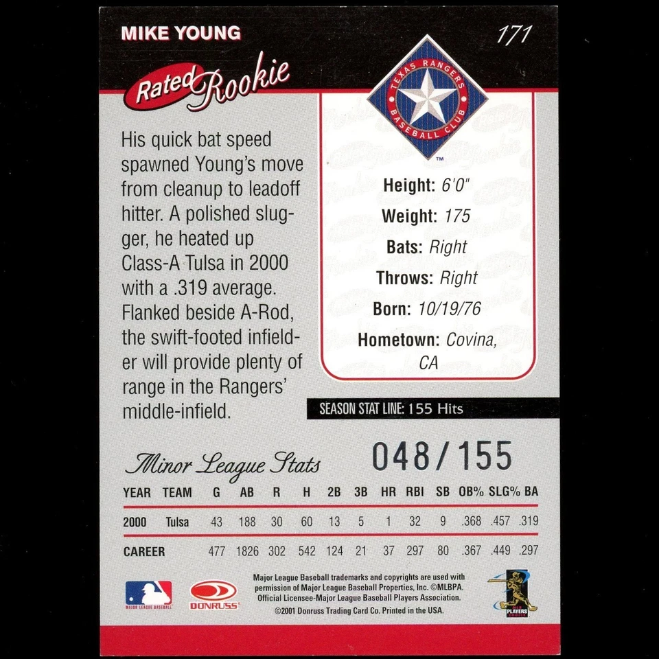 2001 Donruss #171 Michael Young Rated Rookie Season Stat Line SP #/155 Rangers - Image 2 of 2