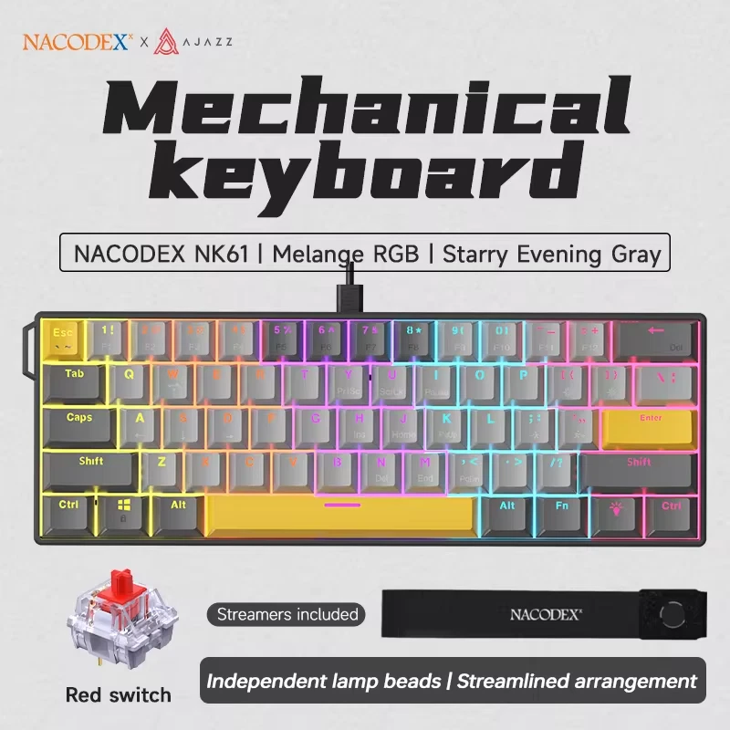 AJAZZ NK61 Mini 60% Wired Mechanical Keyboard, Yellow and Grey, Red Switches - Image 2 of 4