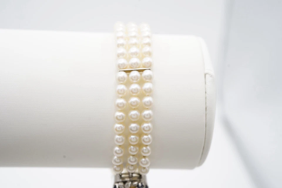 Triple Strand 4mm Akoya Pearl Bracelet. 7 Inches. Sapphire and Diamond Clasp. - Image 3 of 4