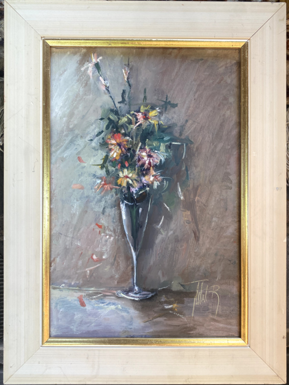 ::SIGNIERTES ÖLGEMÄLDE SEKTGLAS BLUMEN "D. UND J. IN FREUNDSCHAFT UND SYMPATHIE"