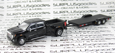 #ad Greenlight Black 2022 GMC SIERRA 3500 DENALI Dually Pickup w Open Car Trailer $29.95