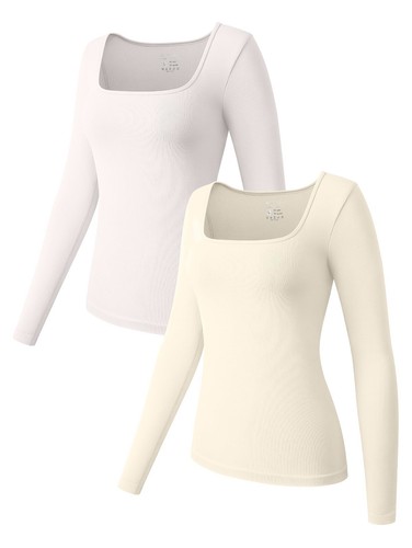 OQQ Long Sleeve Square Neck Small 2 Piece T Shirt Tops Stretch Slimming Fitting
