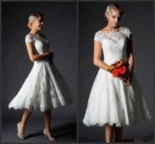 Vintage Sheer Lace Cap Sleeves Beach Wedding Dresses White Short Bridal Gowns