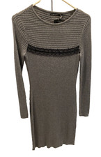 NWT Daisy Fuentes Sweater Dress Women Sz SMALL Gray Black Lace & shiny bead Trim