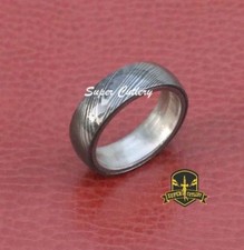 Genuine Handcrafted Flat Damascus Stainless Steel Men's Wedding Band 8 mm wide