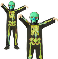 Neon Glow In The Dark Skeleton Costume Kids Halloween Fancy Dress Mask