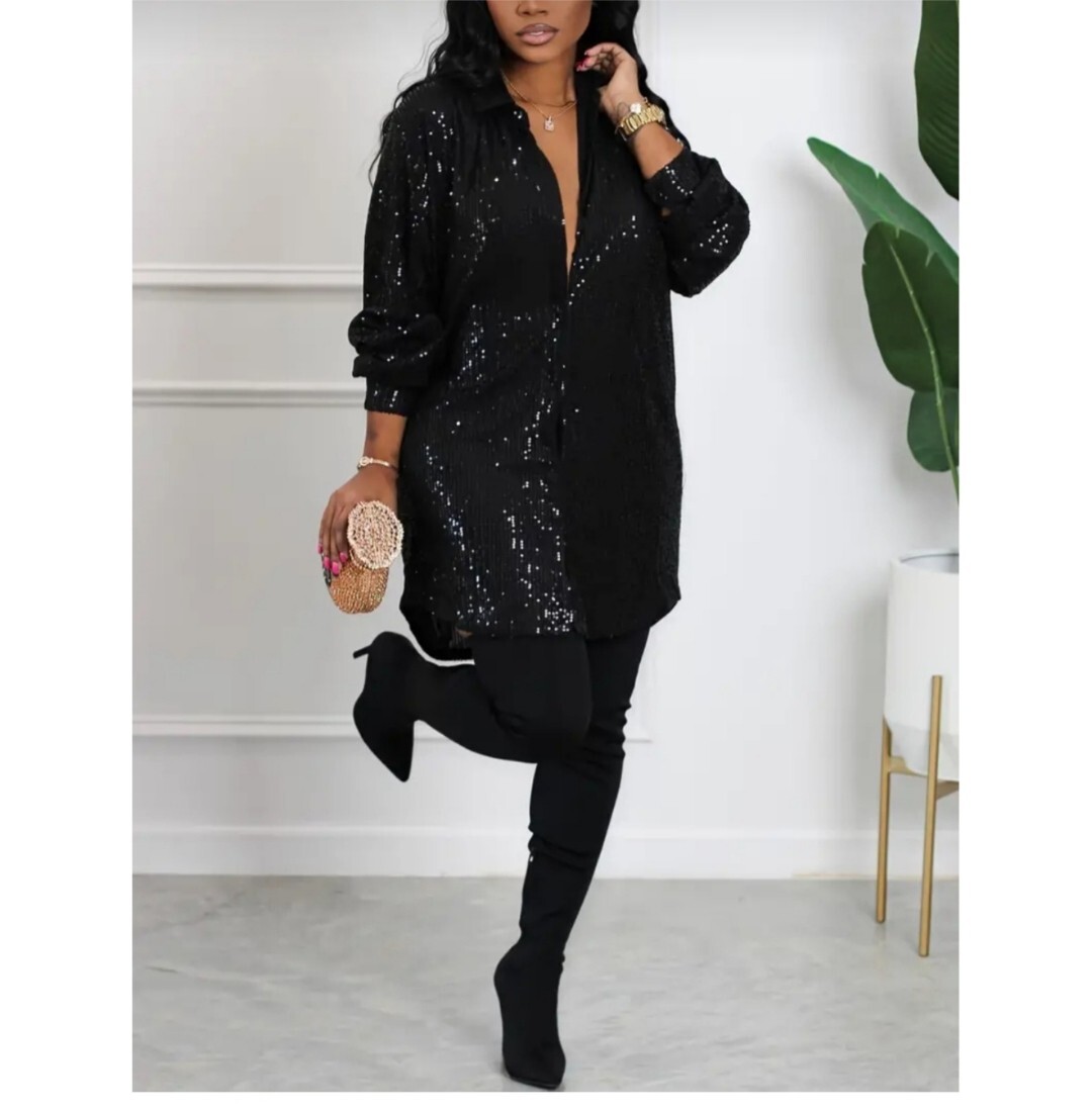 Boutique Black Sequin Shirt Dress