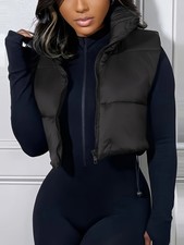 Zip Up Drawstring Vest, Elegant Solid Sleeveless Stand Collar Vest, Women's Clot