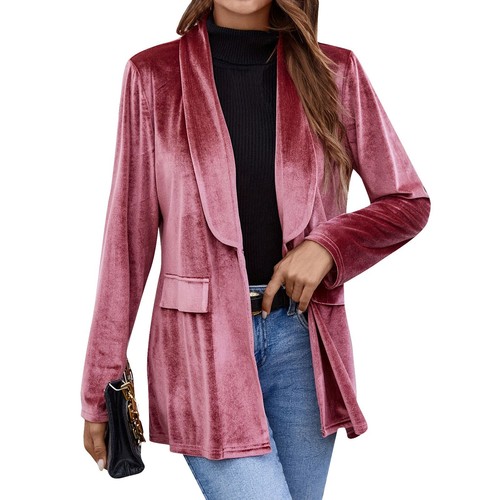 Damen Samt Cardigan Blazer Büro Arbeit Kurzmantel Anzugjacke mit Tasche - Bild 12 von 34