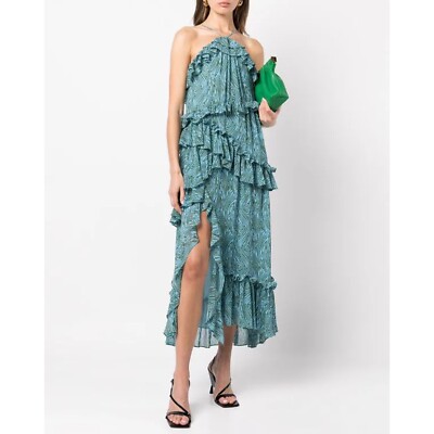 Cinq à Sept Rayner Dress Ruffle Blue Printed Halter Midi Cocktail Party Size 8