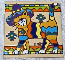 Southwestern Cat Tile Trivet W/ Sombrero 6” x 6" USA Signed Earthtones