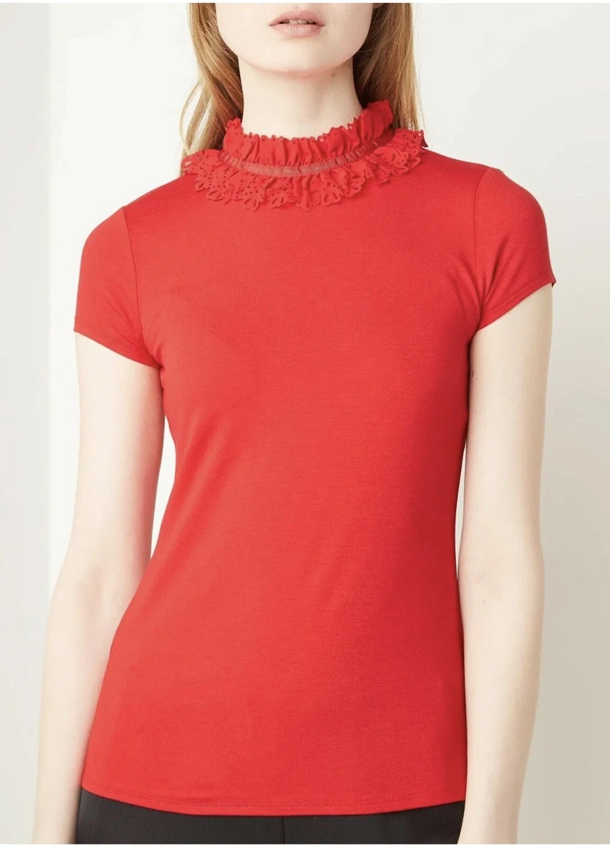 TED BAKER Orwla red frill ruffle high neck jersey tshirt tee top