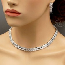 Platinum Plated Clear Cubic Zirconia Necklace Earrings Wedding Jewelry Set 07226