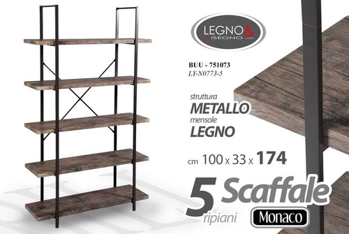 SCAFFALE METALLO LIBRERIA 5 MENSOLE RIPIANI LEGNO ENTRATINA INGRESSO 174*100*33 - Foto 5 di 5