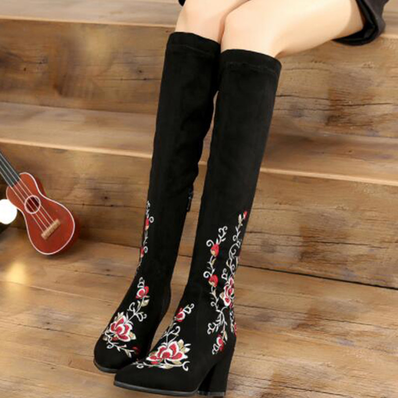 Donna Pointed Toe Embroiderosso Suede Zipper Zipper Zipper Block Heel scarpe Knee High stivali 50631b Donna Pointed Toe Embroiderosso Suede Zipper Zipper Zipper Block Heel scarpe Knee High stivali 50631b