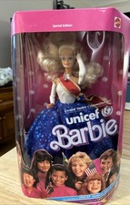Vintage 1989 Mattel Unicef Barbie Doll New NIB NRFB Red, White, Blue Gown New