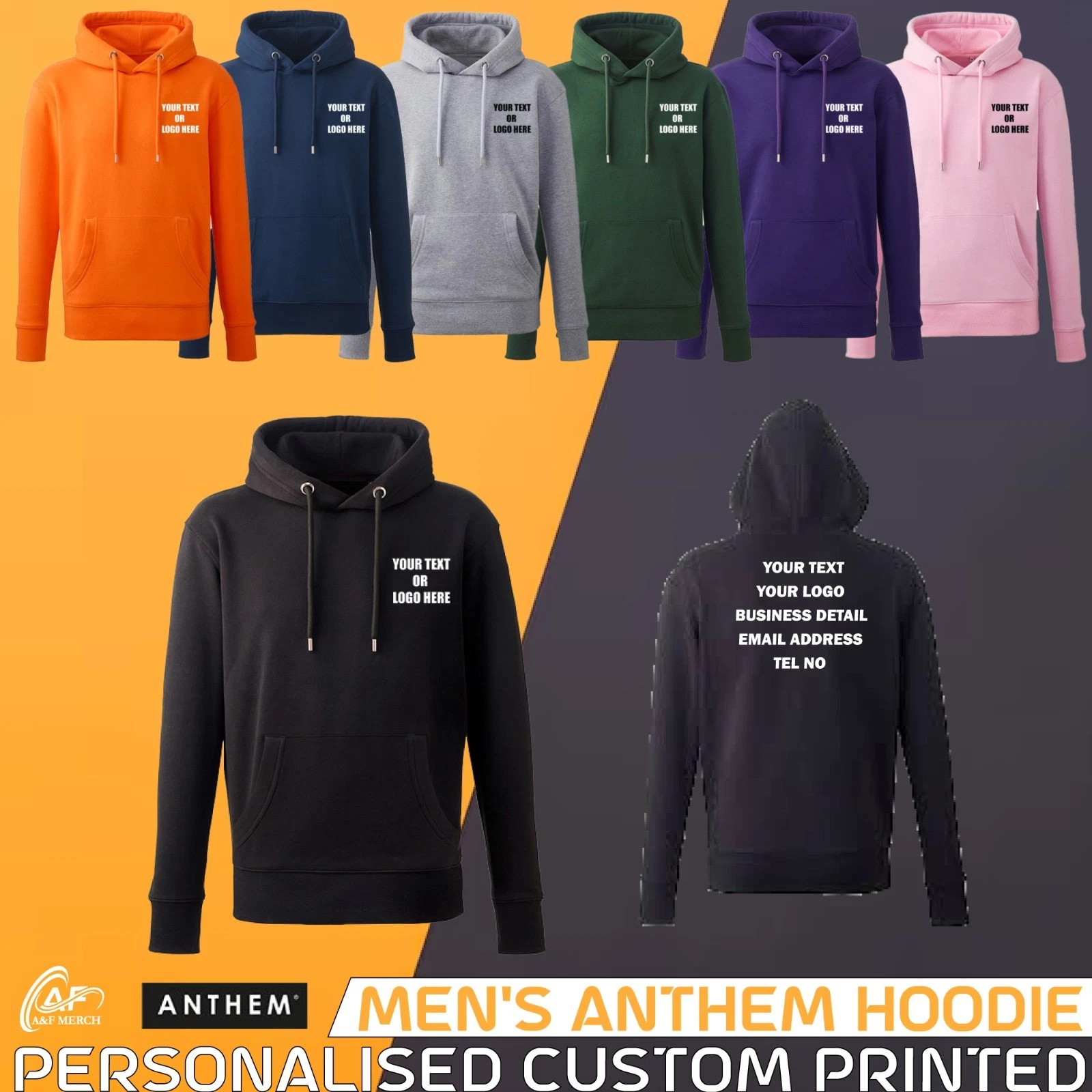 Personalised Custom Printed Anthem Hoodie Text Logo Unisex Workwear