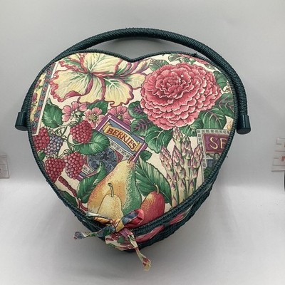 Vintage Sewing Basket Thread & Misc Heart Shape Floral Handle & Insert Tray